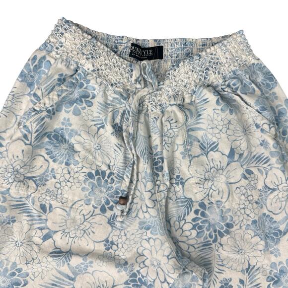 Beau Dawson Blue White Floral Linen Blend Wide Leg Tie Front Pants size L 10-12 - Picture 9 of 12